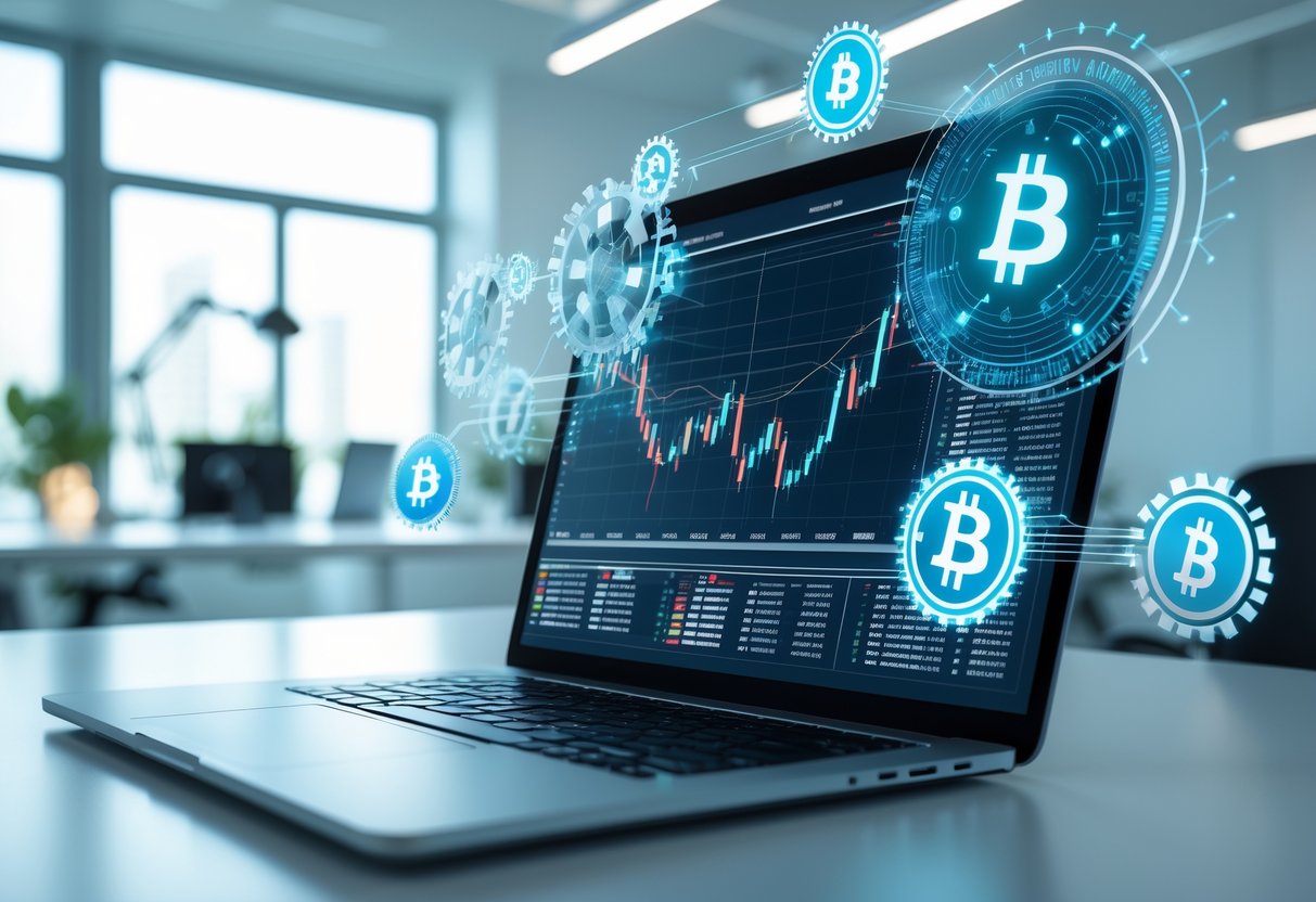 A modern workspace with a laptop showing financial charts and digital holograms representing blockchain and cryptocurrency networks.