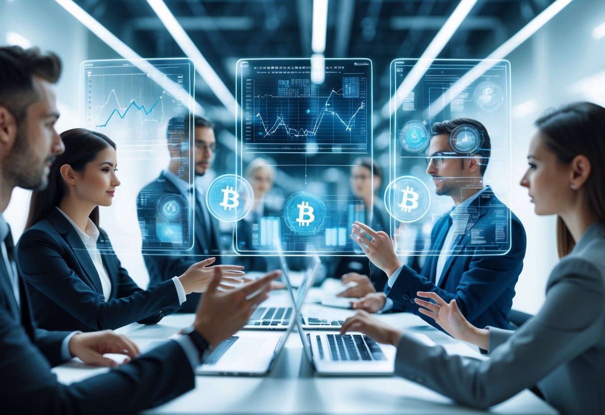 A group of professionals interacting with floating digital financial charts and blockchain diagrams in a modern office.