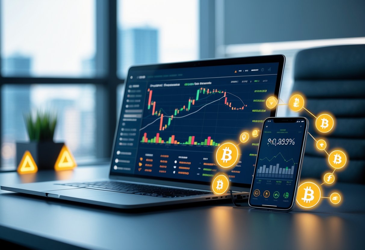 A modern workspace with a laptop and smartphone displaying financial charts and cryptocurrency symbols, with icons representing growth and caution, set in a bright office with a city view.