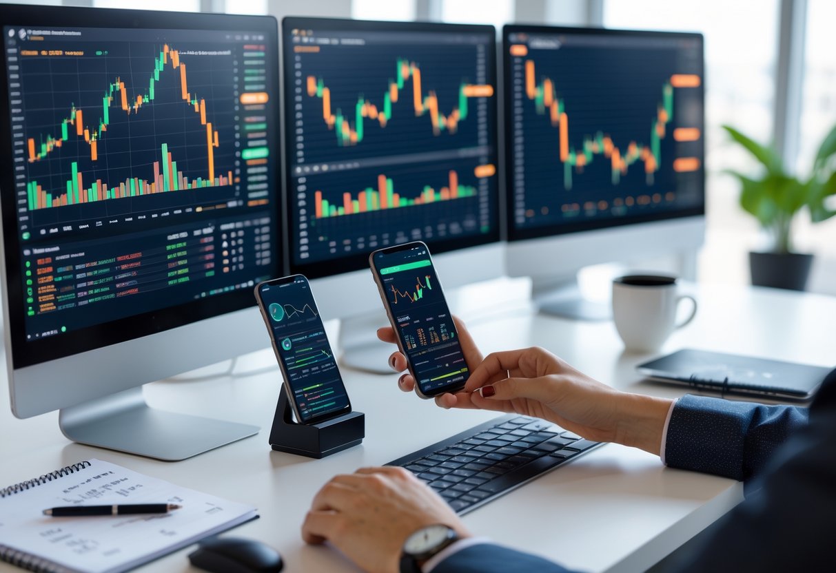 A workspace with computer monitors showing cryptocurrency charts, a person holding a smartphone, a notebook, coffee cup, and a digital crypto wallet on the desk.