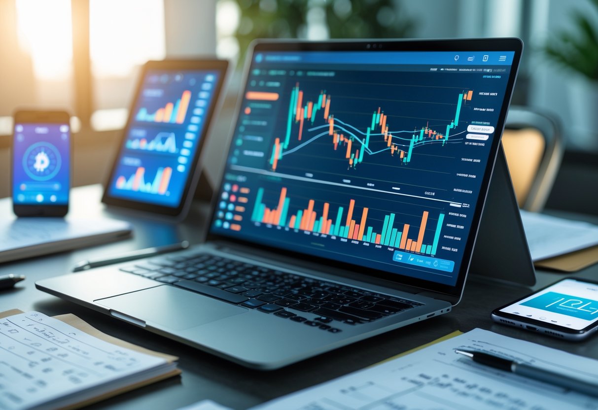 A modern workspace with a laptop showing cryptocurrency charts, financial documents, and digital devices used for crypto investing.