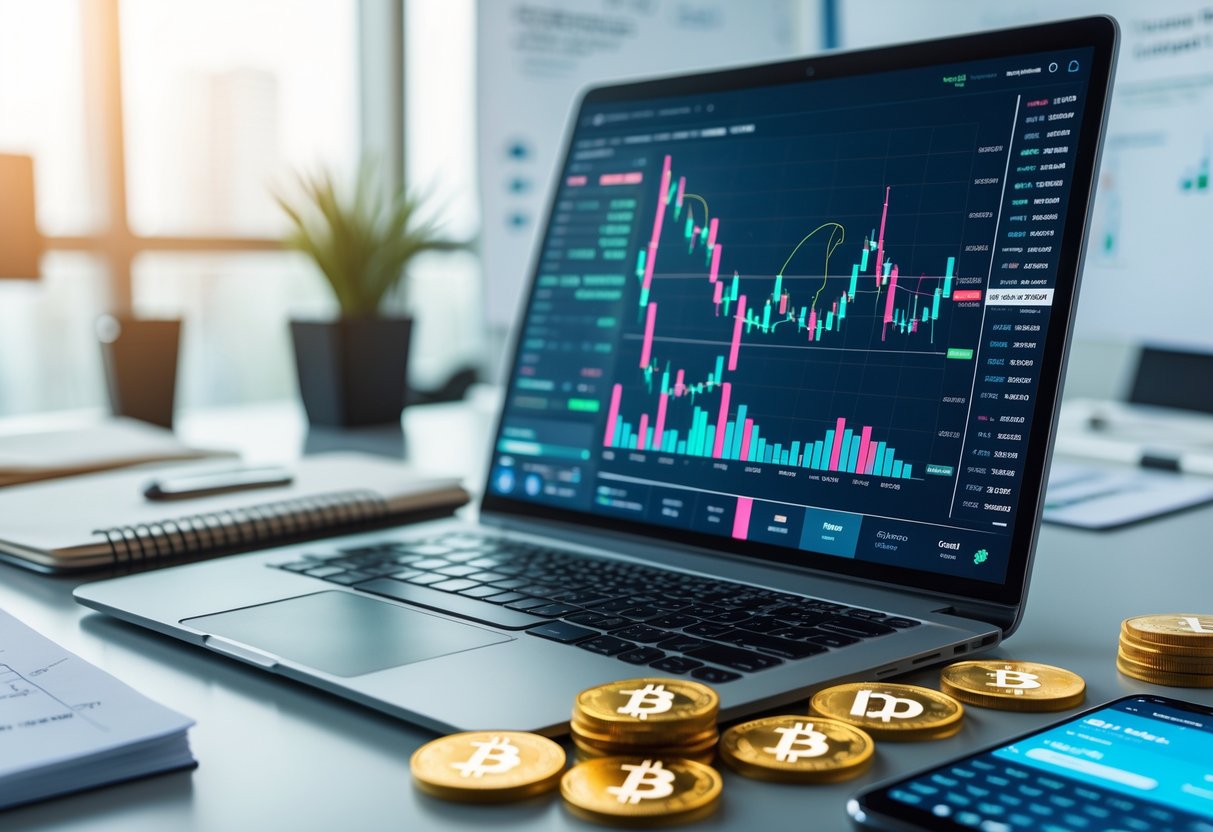 A workspace with a laptop showing cryptocurrency charts, several crypto coins on the desk, financial documents, and a smartphone displaying a trading app.