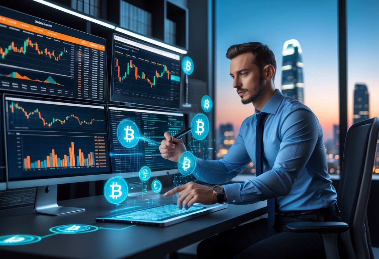 A person analyzing cryptocurrency charts and data on multiple monitors in a modern office with a city skyline visible through a window.