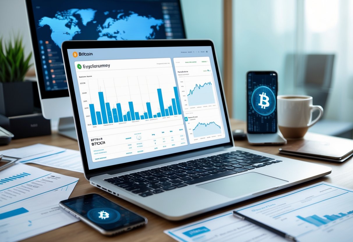 A modern workspace with a laptop showing cryptocurrency charts, a smartphone with a digital wallet app, financial documents, and a cup of coffee.