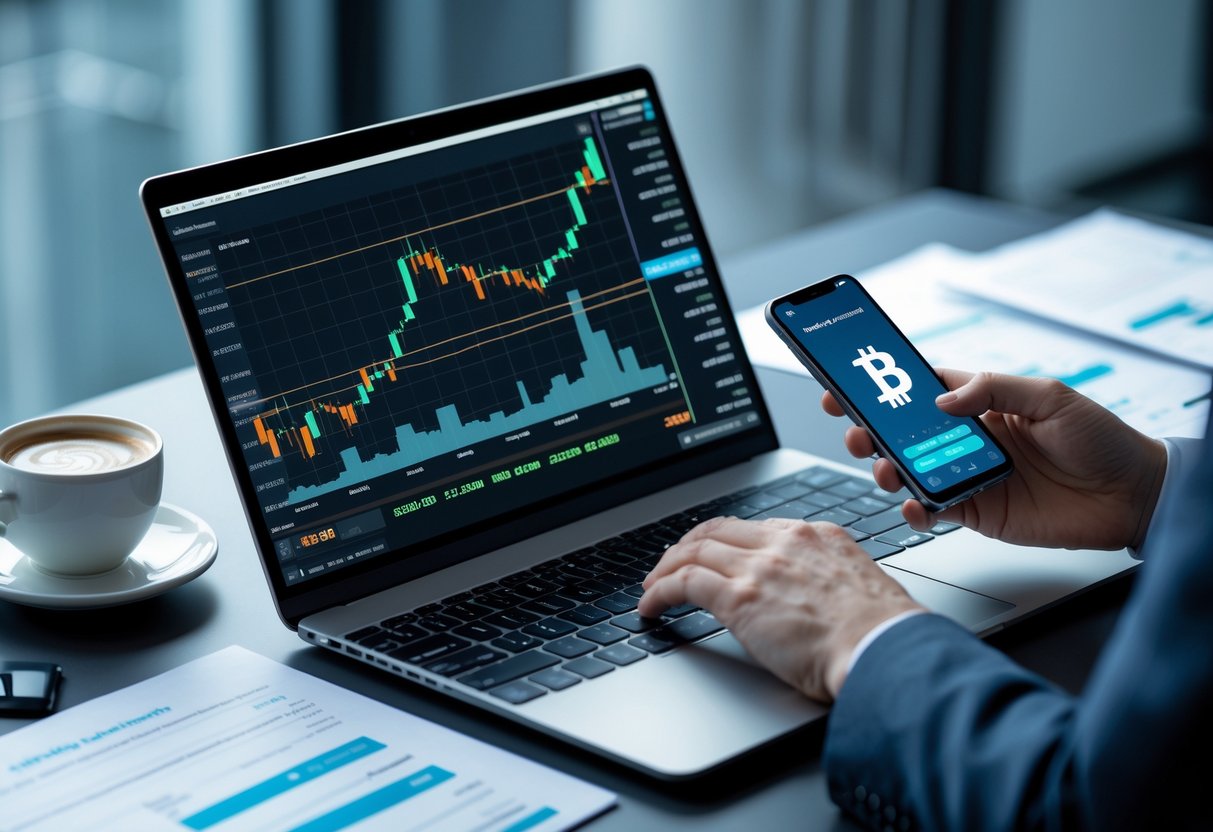 Hands using a laptop and smartphone showing Bitcoin charts and wallet apps on a clean desk with financial documents and coffee.
