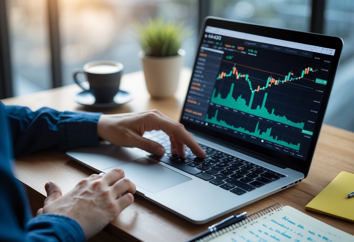 Hands using a laptop and smartphone on a desk showing Bitcoin trading and wallet apps, with coffee and notebook nearby.