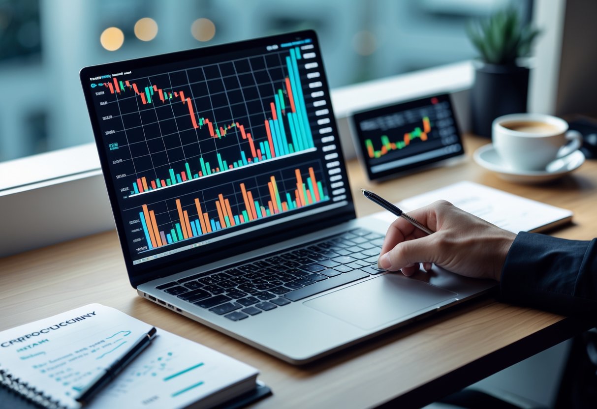 A workspace with a laptop showing cryptocurrency charts, a notebook with notes, and a cup of coffee on a desk.