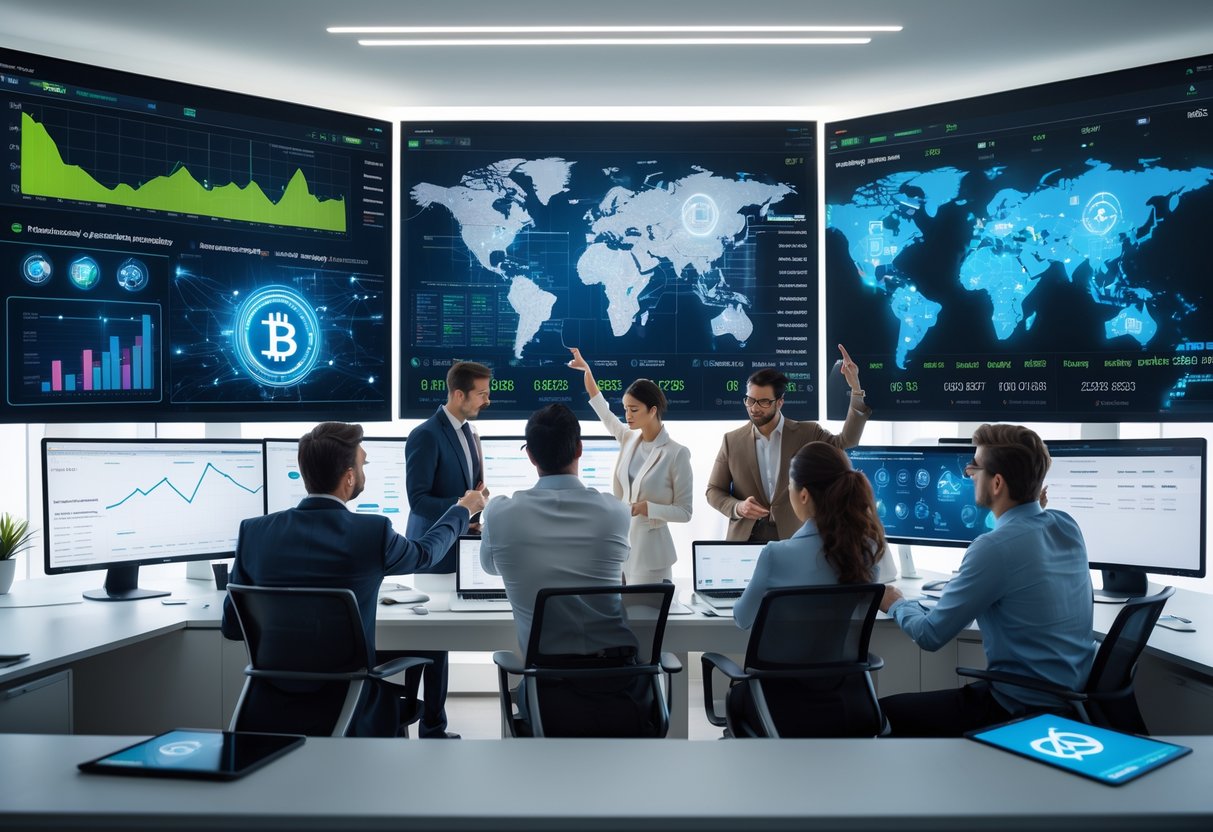 A group of professionals in a modern office analyzing cryptocurrency data on multiple screens, collaborating on long-term investment strategies.