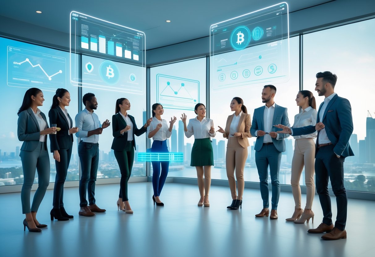 A group of young professionals interacting with transparent digital screens showing cryptocurrency symbols and graphs in a modern workspace with a futuristic city skyline in the background.