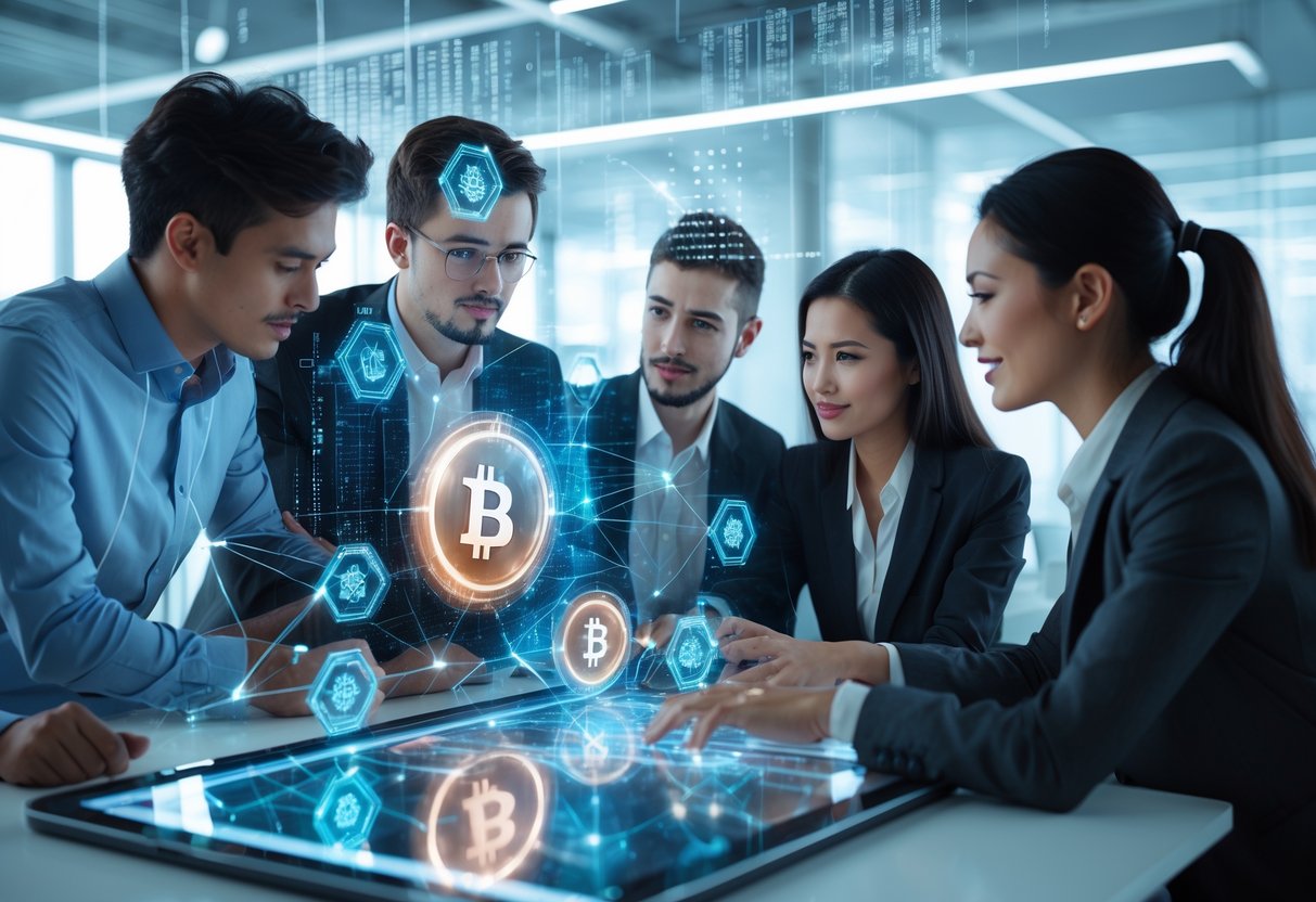 A group of young professionals collaborating around a transparent touchscreen displaying cryptocurrency symbols and blockchain graphics in a modern office.