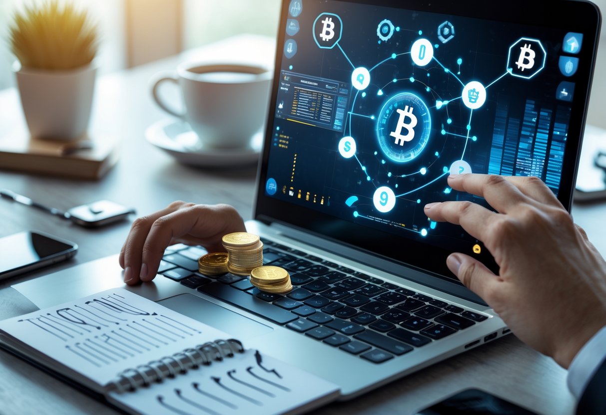 A person using a laptop and smartphone at a desk with cryptocurrency-related digital wallet interfaces and notes.