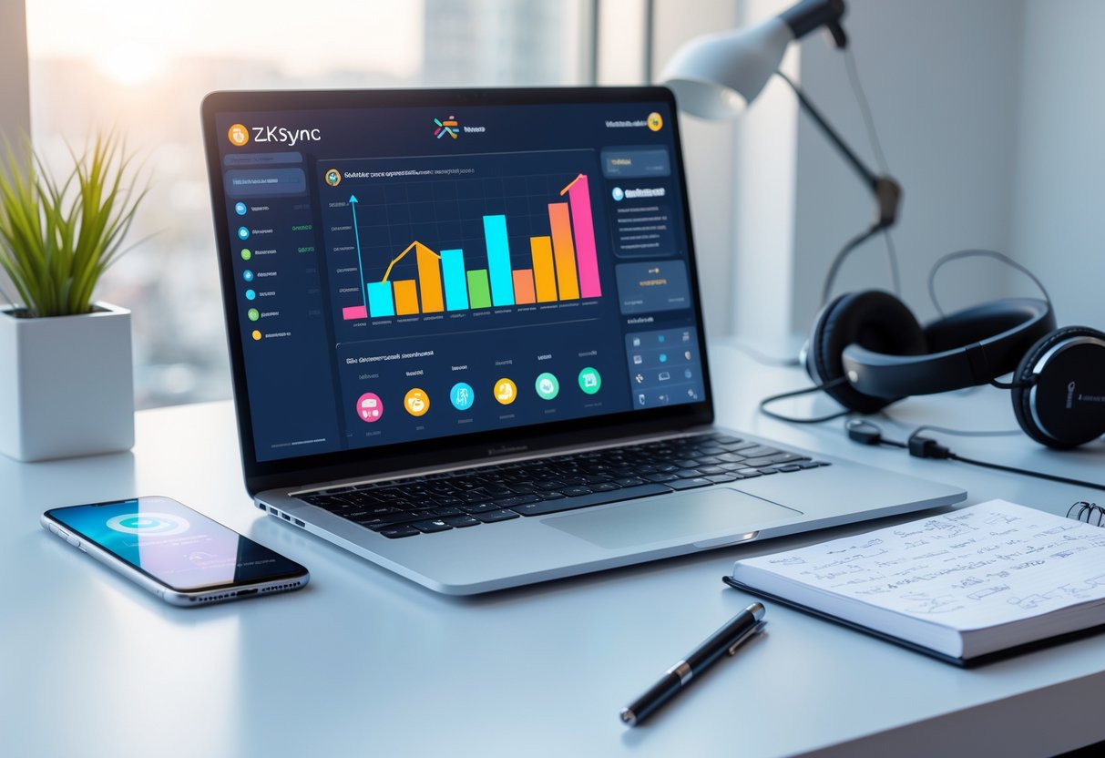 A workspace with a laptop showing cryptocurrency wallet, a smartphone with a notification, and a notebook with notes on a clean desk.