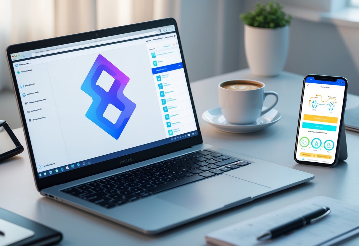 A modern workspace with a laptop and smartphone displaying cryptocurrency wallet interfaces on a clean desk.