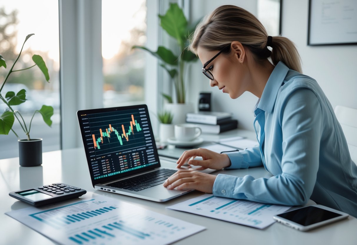 A freelancer working at a desk with a laptop showing cryptocurrency charts and tax calculations, surrounded by financial documents and a calculator.