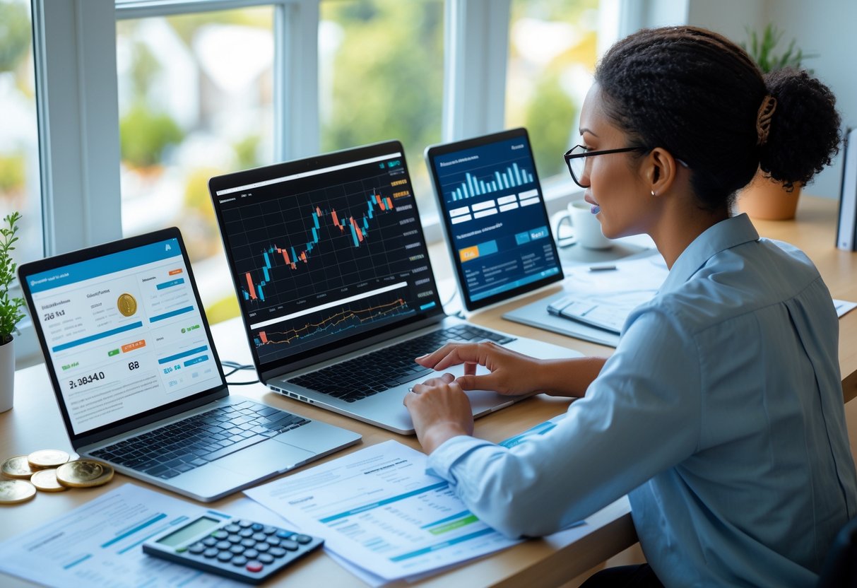 Freelancer working at a desk with laptop, tablet showing cryptocurrency charts, financial documents, and calculator in a bright home office.