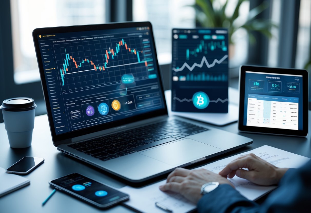 A freelancer's desk with a laptop and tablet displaying cryptocurrency financial data and tax software, surrounded by a smartphone, notepad, and coffee cup.