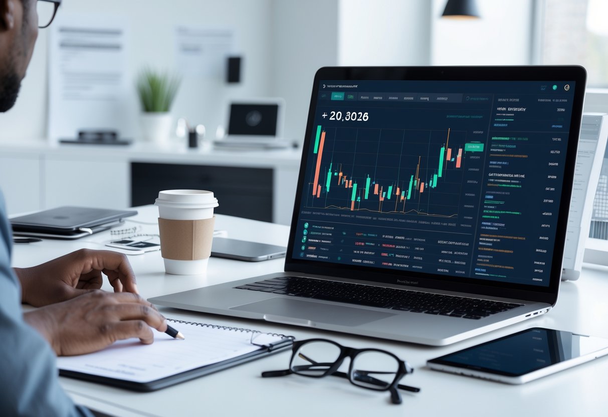 A freelancer working at a desk with a laptop and tablet displaying cryptocurrency charts and tax software in a modern office.