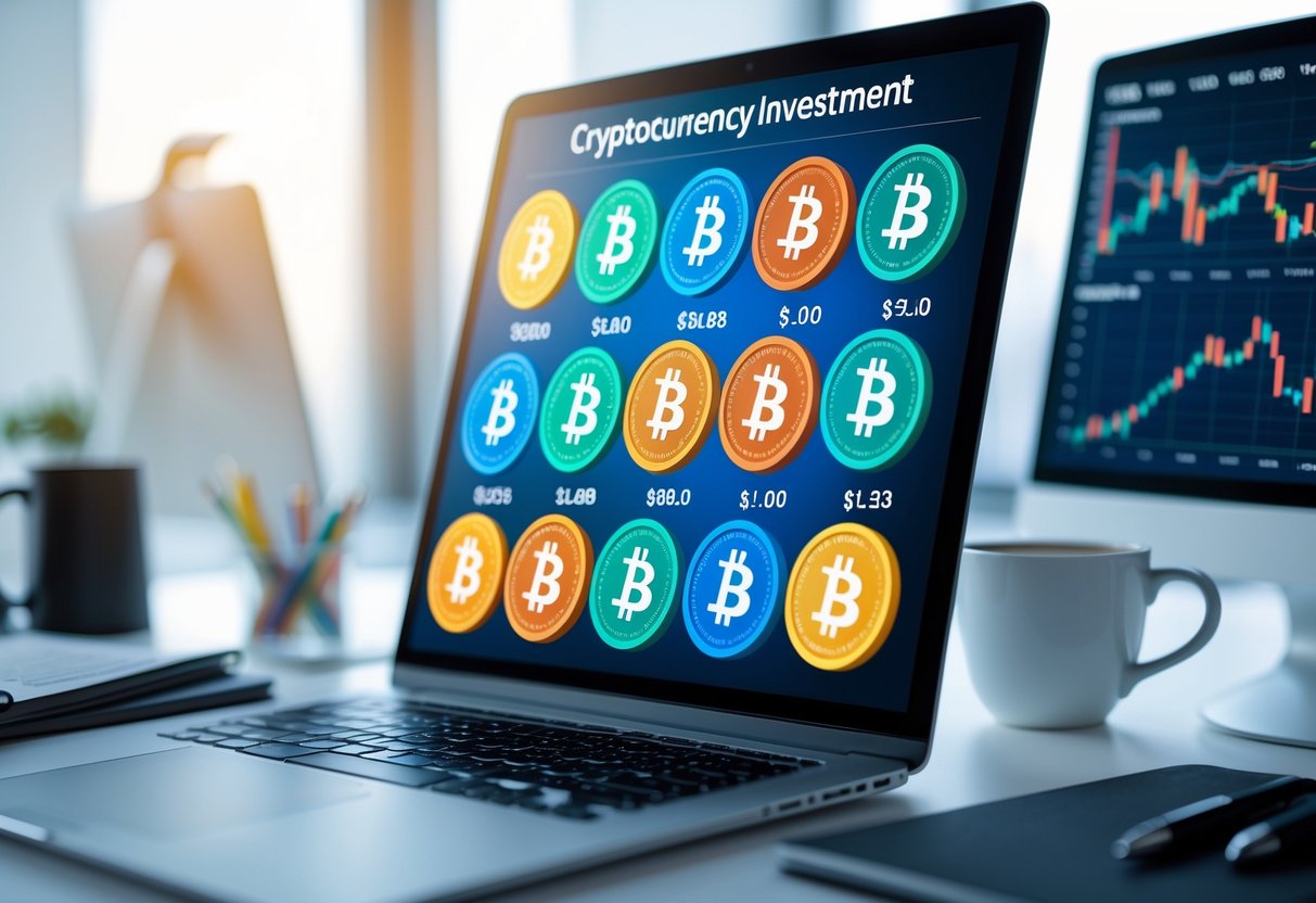 A modern workspace with a computer screen showing colorful cryptocurrency coin icons and financial charts on a clean desk.