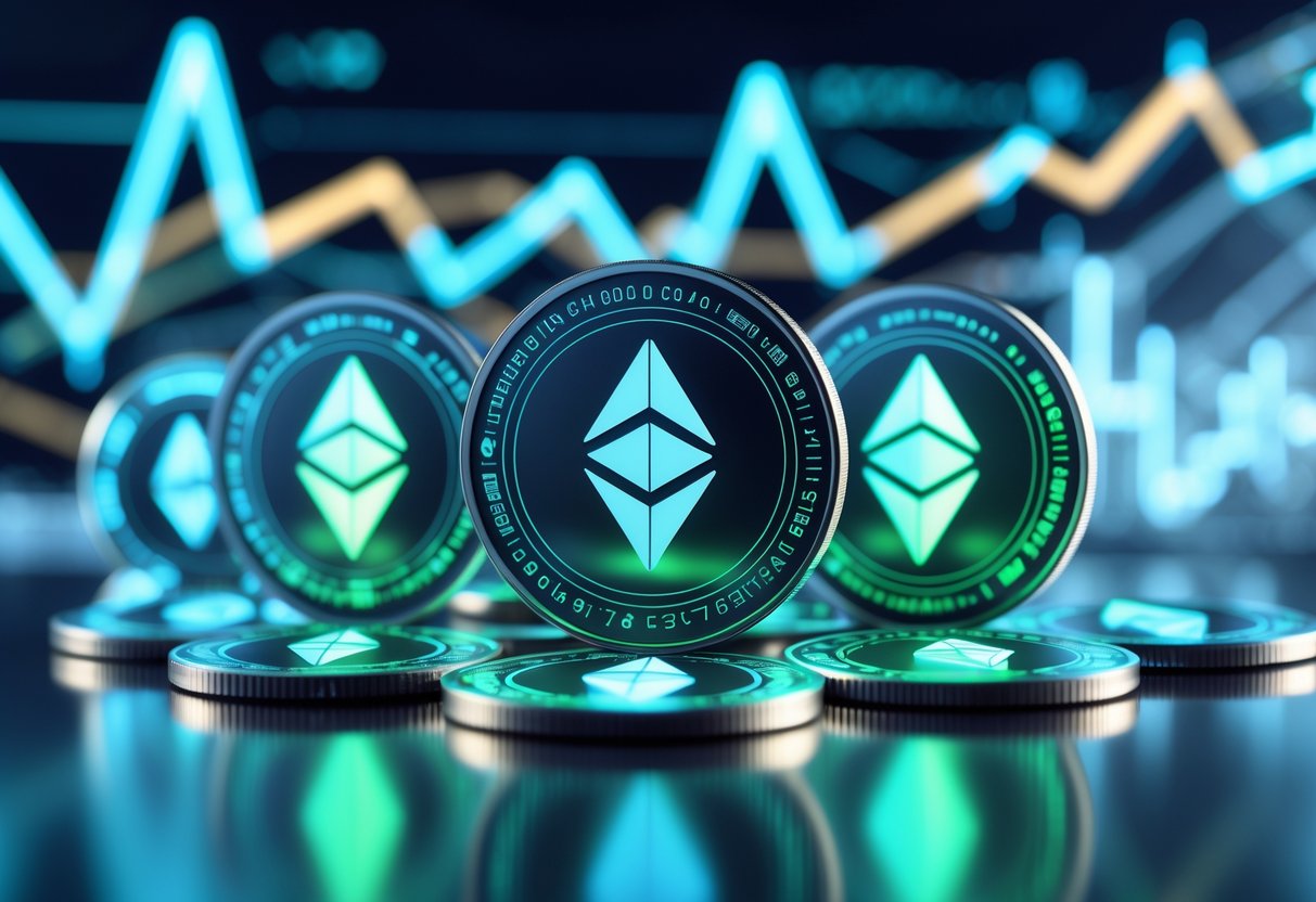 Close-up of digital AI-themed cryptocurrency coins on a reflective surface with abstract data graphs in the background.