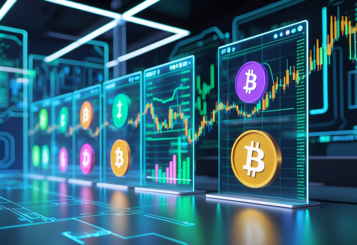 A modern workspace with holographic screens showing colorful AI cryptocurrency icons and upward trending financial charts.