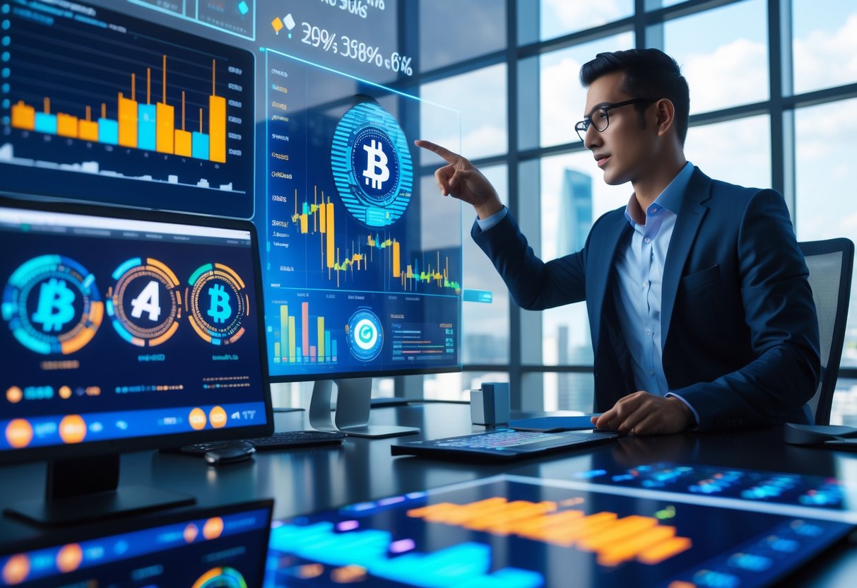 A person analyzing cryptocurrency charts and data on digital devices in a modern office with a cityscape view.