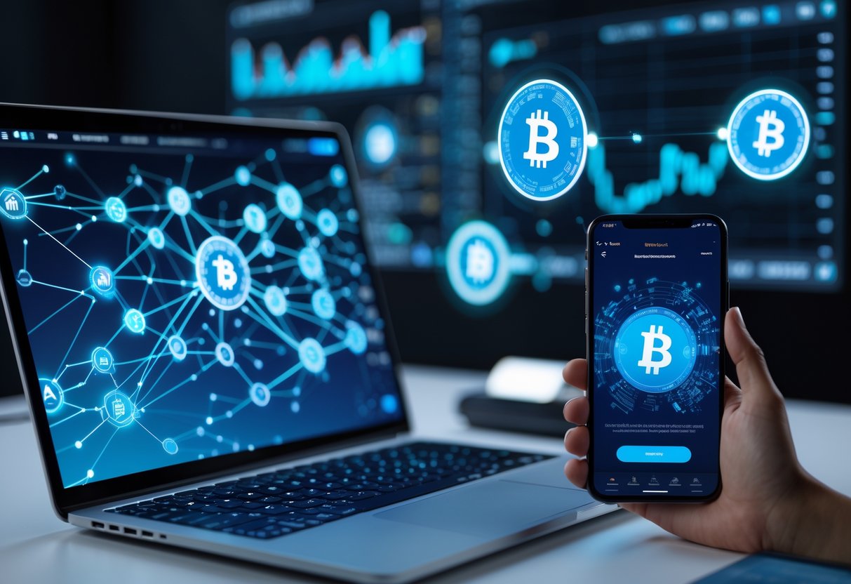 A digital workspace with a laptop showing blockchain network visuals and a smartphone displaying a digital wallet receiving tokens.