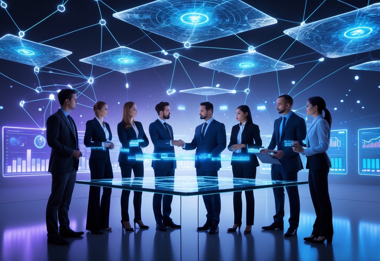 A group of professionals discussing a digital network with glowing interconnected nodes and holographic charts in a modern workspace.