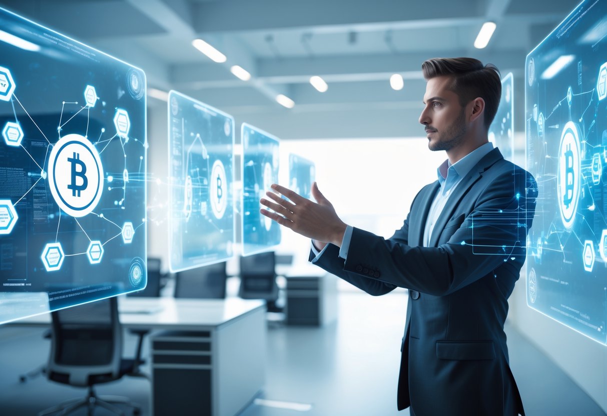 A business professional interacting with floating holographic blockchain networks and digital tokens in a modern office.