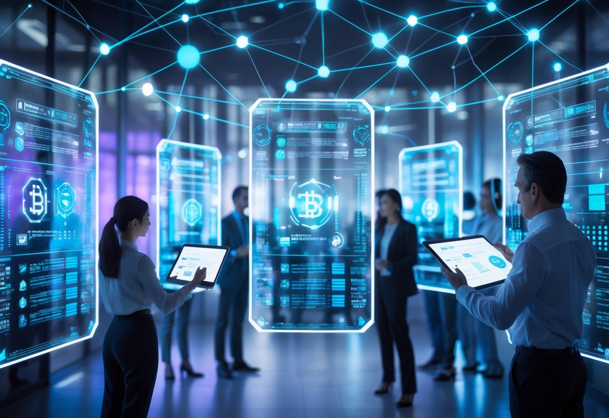 A group of professionals interacting with holographic digital screens showing interconnected blockchain data in a modern office setting.