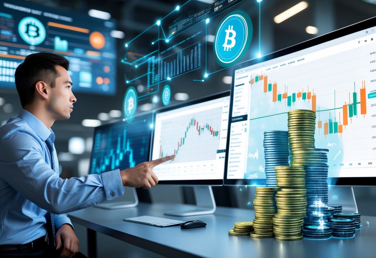 A person in a modern workspace looks concerned while pointing at a declining cryptocurrency graph on a screen, with digital visuals of coins and a hand pulling a rug beneath them.