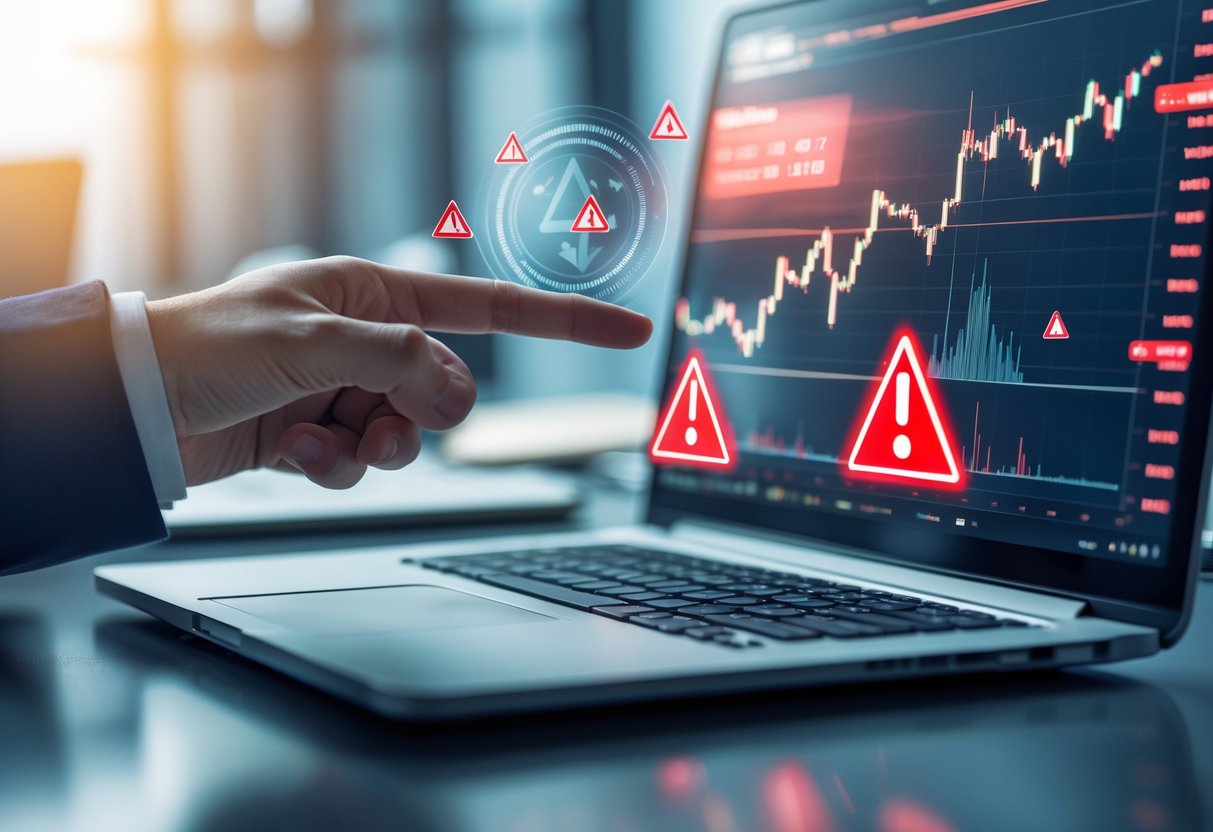 A person pointing at a laptop screen showing financial charts with warning icons and red alert symbols around it.