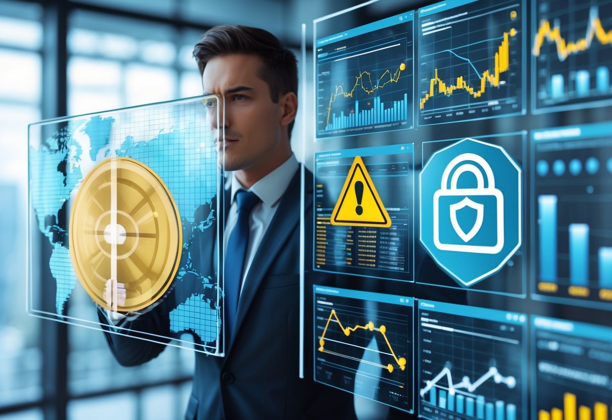A businessperson analyzing digital financial charts and blockchain data on transparent screens with symbols representing investment risks and security measures.