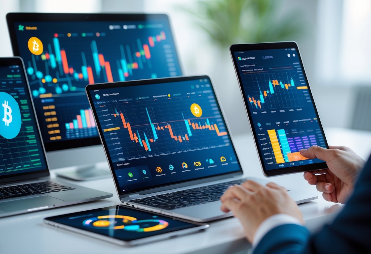 A person using a laptop, tablet, and smartphone showing cryptocurrency charts and portfolio data in a modern workspace.