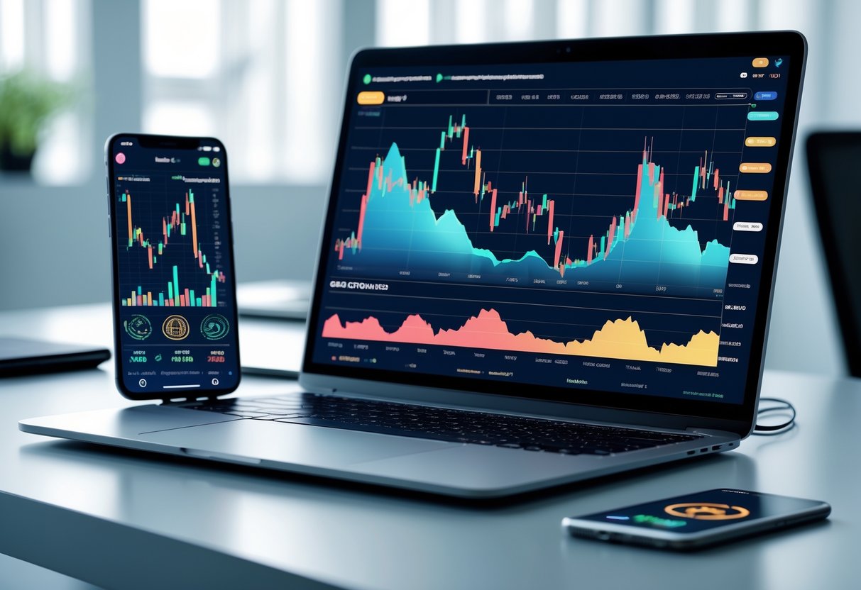 A workspace with a laptop, smartphone, and tablet displaying cryptocurrency charts and graphs on their screens.