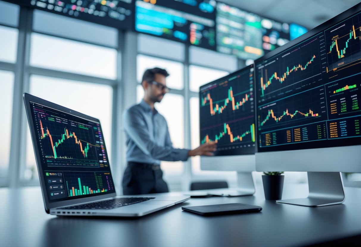 A person analyzing cryptocurrency data on multiple computer screens in a modern office setting.