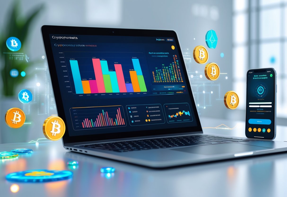 A laptop and smartphone on a desk displaying cryptocurrency charts and reward app interfaces with floating 3D crypto icons around them in a bright office setting.