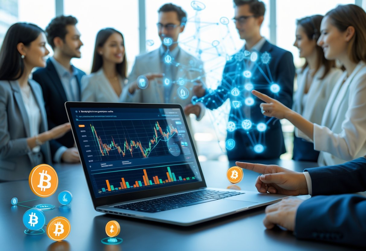 A modern workspace with a laptop showing crypto dashboards and floating cryptocurrency symbols, with people discussing blockchain networks in the background.