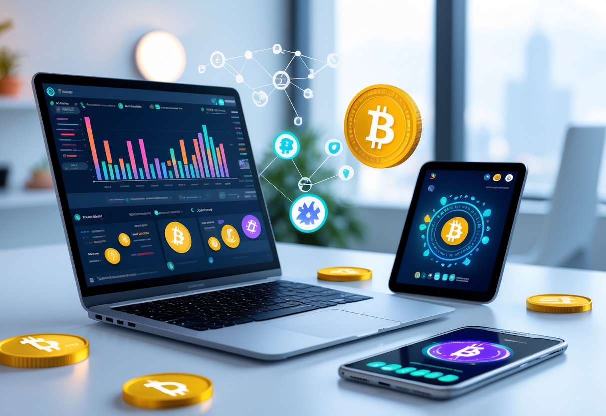 A modern workspace with a laptop, smartphone, and tablet displaying cryptocurrency and decentralized finance applications, surrounded by digital blockchain icons.