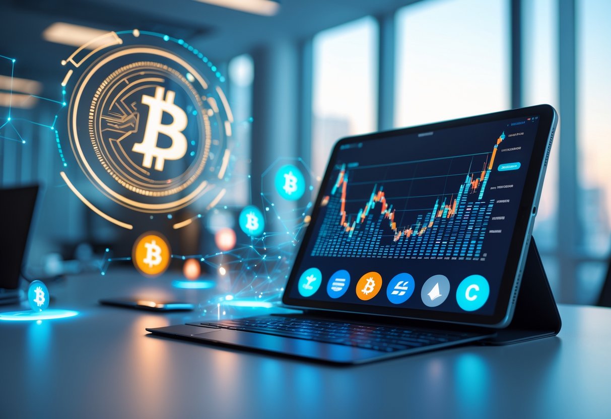 A digital tablet on a desk showing colorful cryptocurrency wallet icons and graphs, surrounded by glowing holographic blockchain symbols in a modern office with a city view.