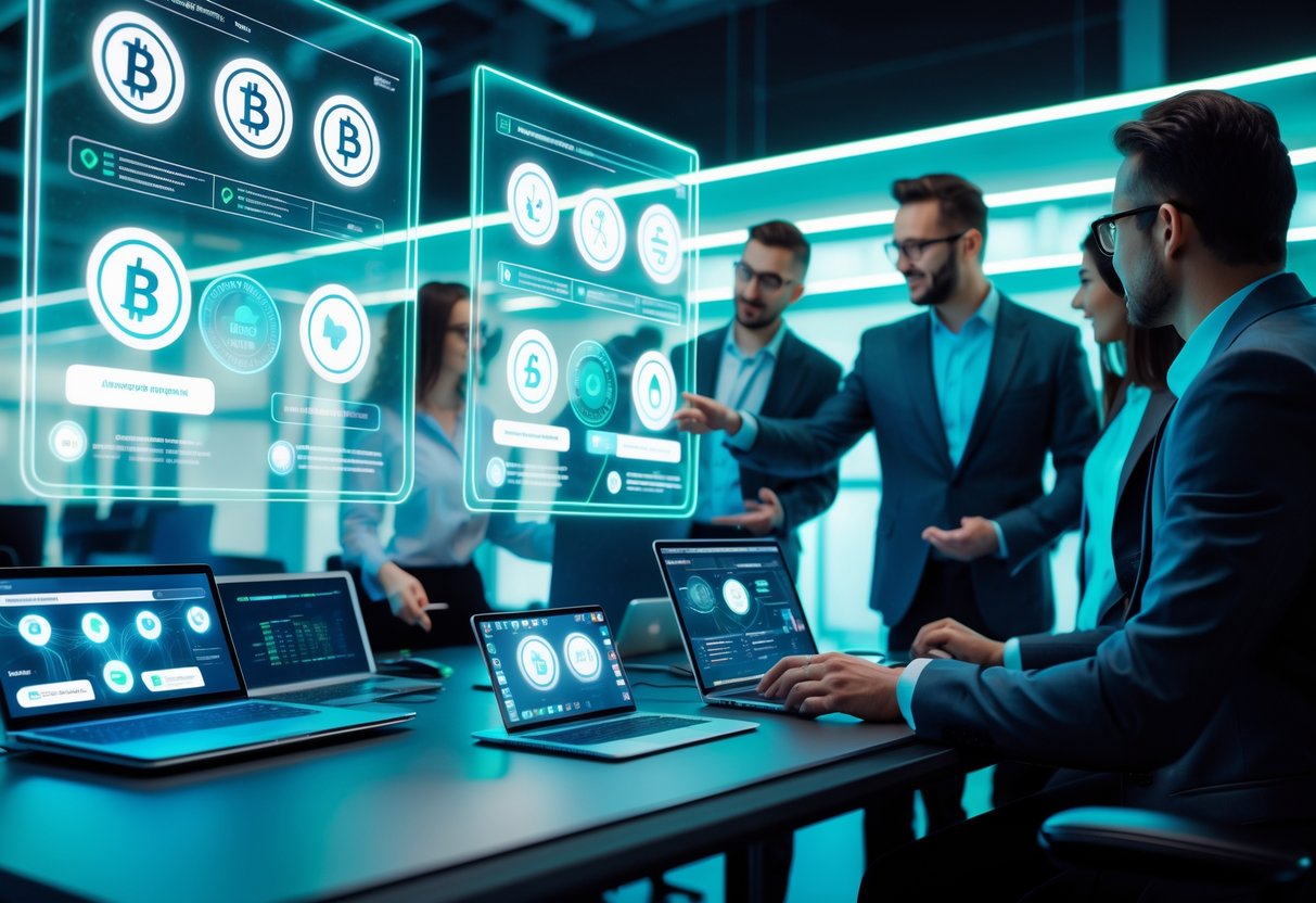 Two professionals discussing digital cryptocurrency wallets displayed on holographic screens in a modern high-tech office.