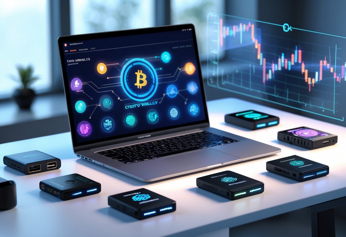 A workspace with a laptop showing digital cryptocurrency wallet icons and several hardware crypto wallets on a desk with holographic charts in the background.
