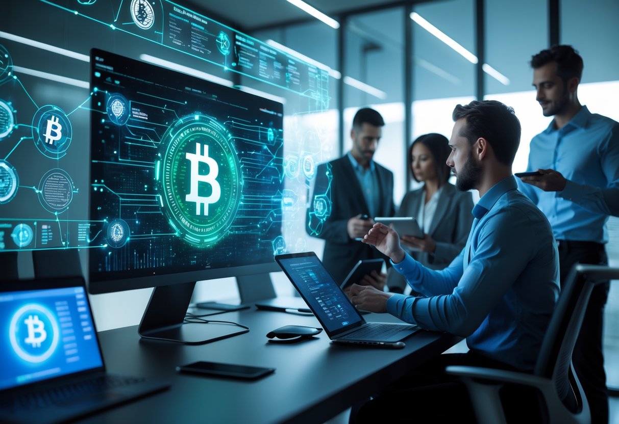 A group of professionals discussing cryptocurrency data around a desk with digital crypto wallet icons floating above a computer screen in a modern office.