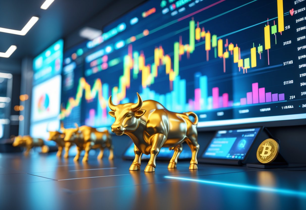 A modern office with digital screens showing rising cryptocurrency charts and golden bull statues symbolizing a strong crypto market.