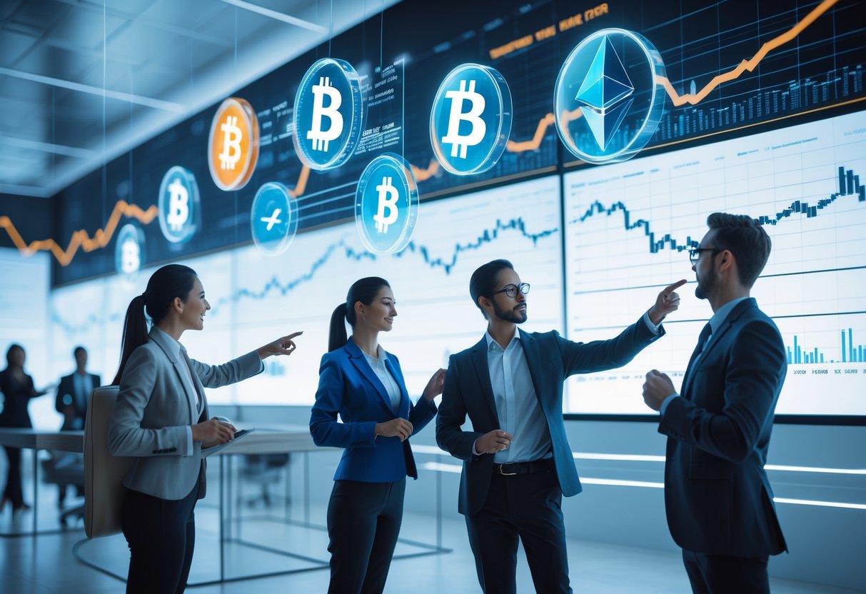 A group of business professionals analyzing digital cryptocurrency charts and holograms in a modern office setting.
