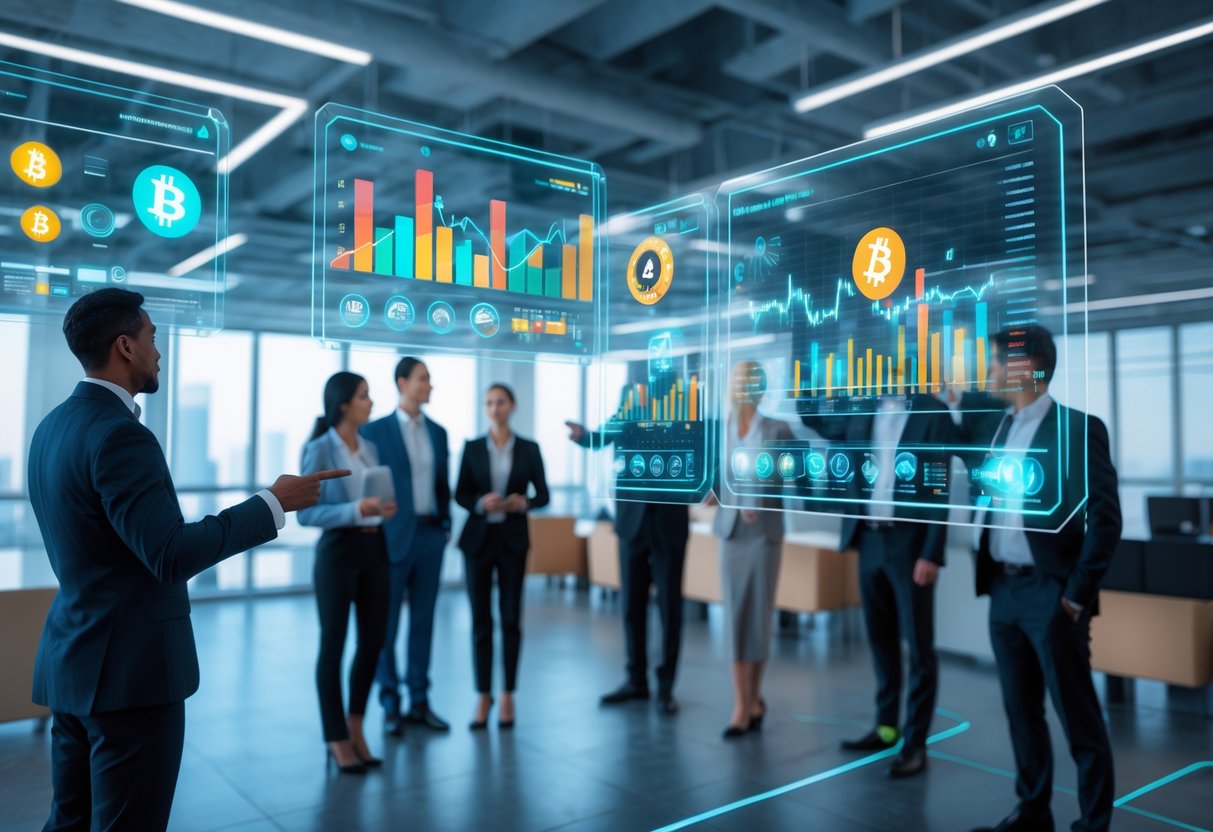 A group of professionals analyzing floating digital screens showing cryptocurrency charts and icons in a modern office setting.