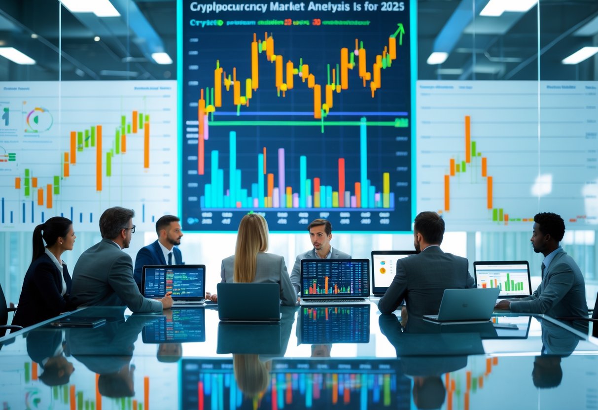A group of professionals in a modern office analyzing digital charts and data related to cryptocurrency market trends and strategies.