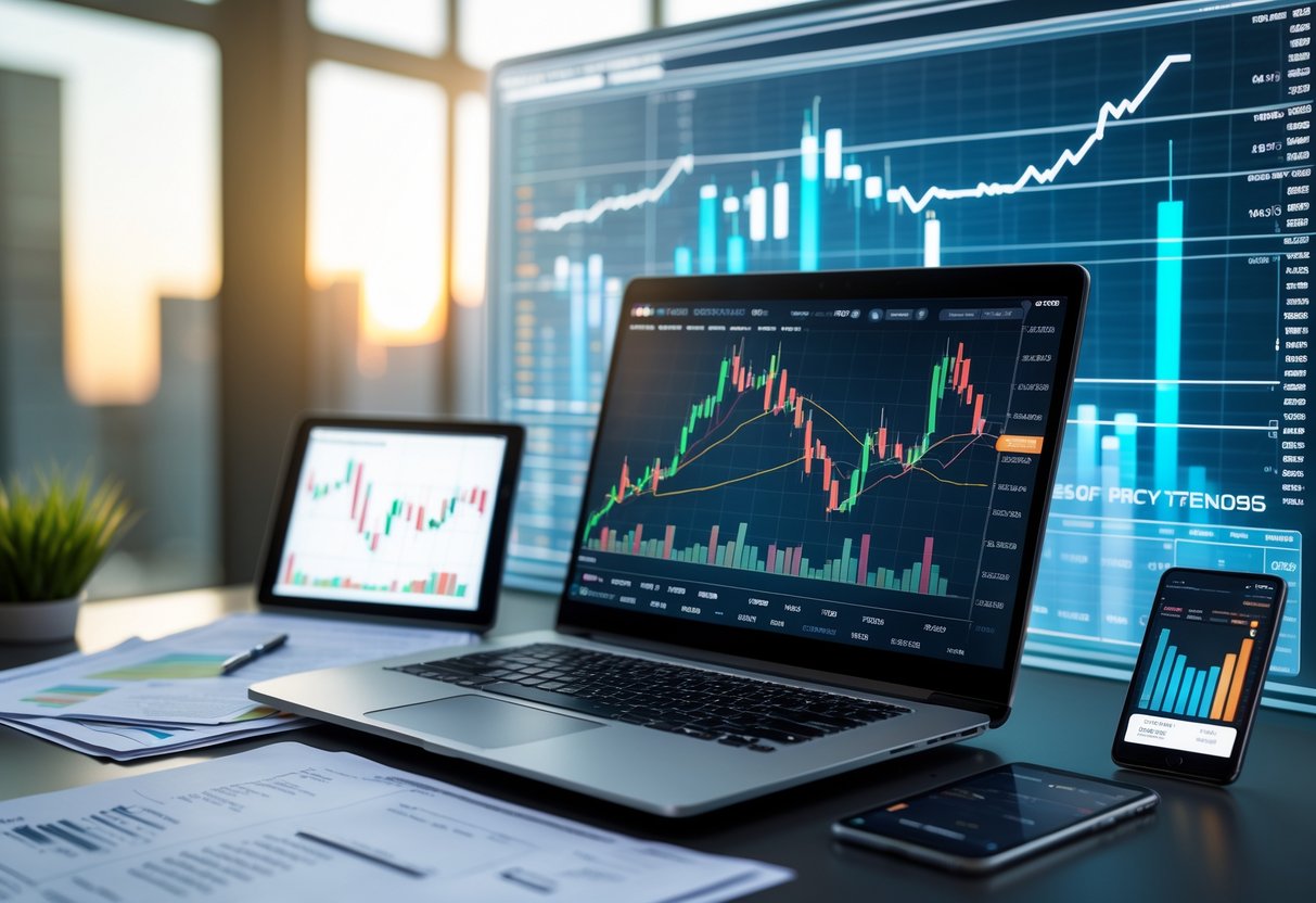A modern workspace with a laptop and digital devices showing Ethereum price charts and financial data.
