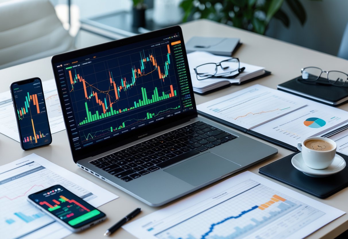 A modern workspace with a laptop and digital devices showing cryptocurrency price charts and financial data.
