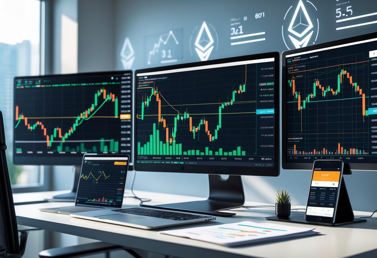 A modern workspace with multiple screens showing Ethereum price charts and technical analysis graphs, surrounded by financial devices and documents.