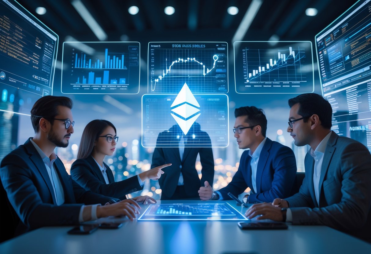 A group of professionals analyzing digital charts and Ethereum symbols on transparent screens in a modern office with a futuristic cityscape in the background.